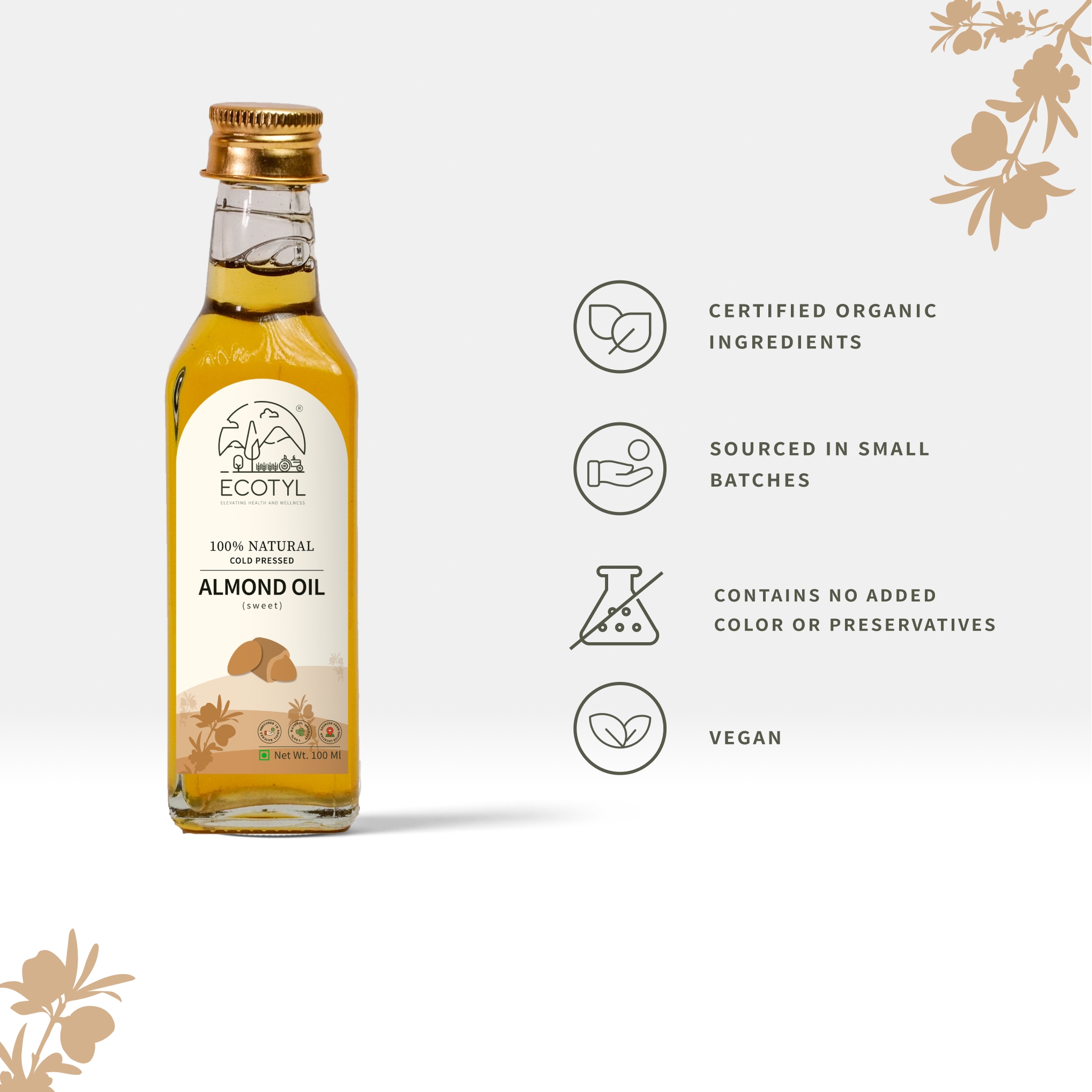 Ecotyl Cold Pressed Almond Oil – Sweet, For Haircare & Skincare