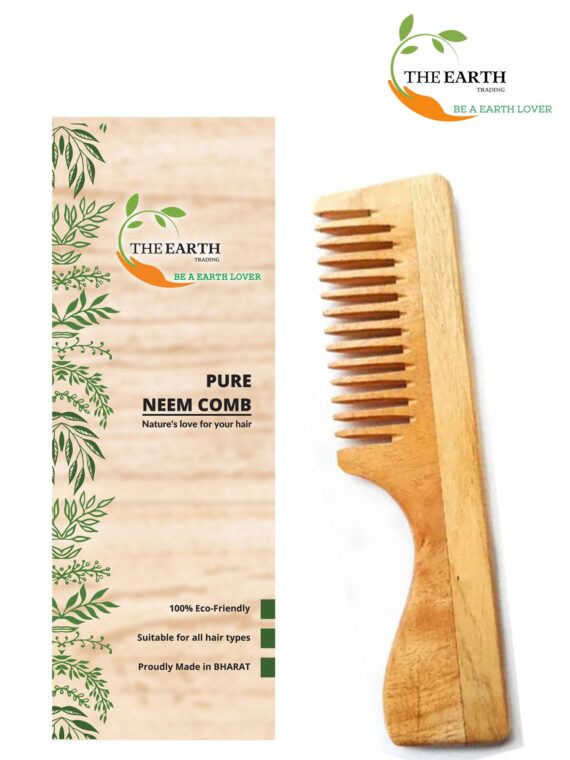 TET16 The Earth Trading Pure Kacchi Neem Wood Handle Comb Wide