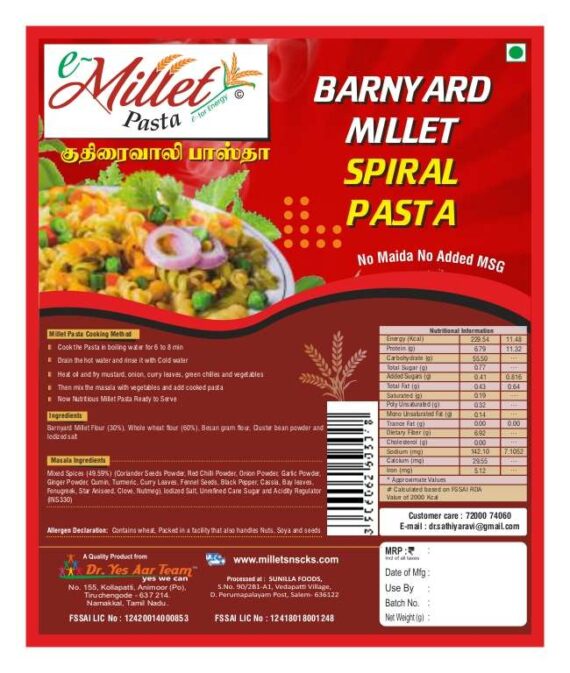 barnyard millet spiral pasta