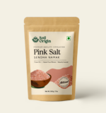 Pink salt front pouch with pink salt in a bowl printed on it