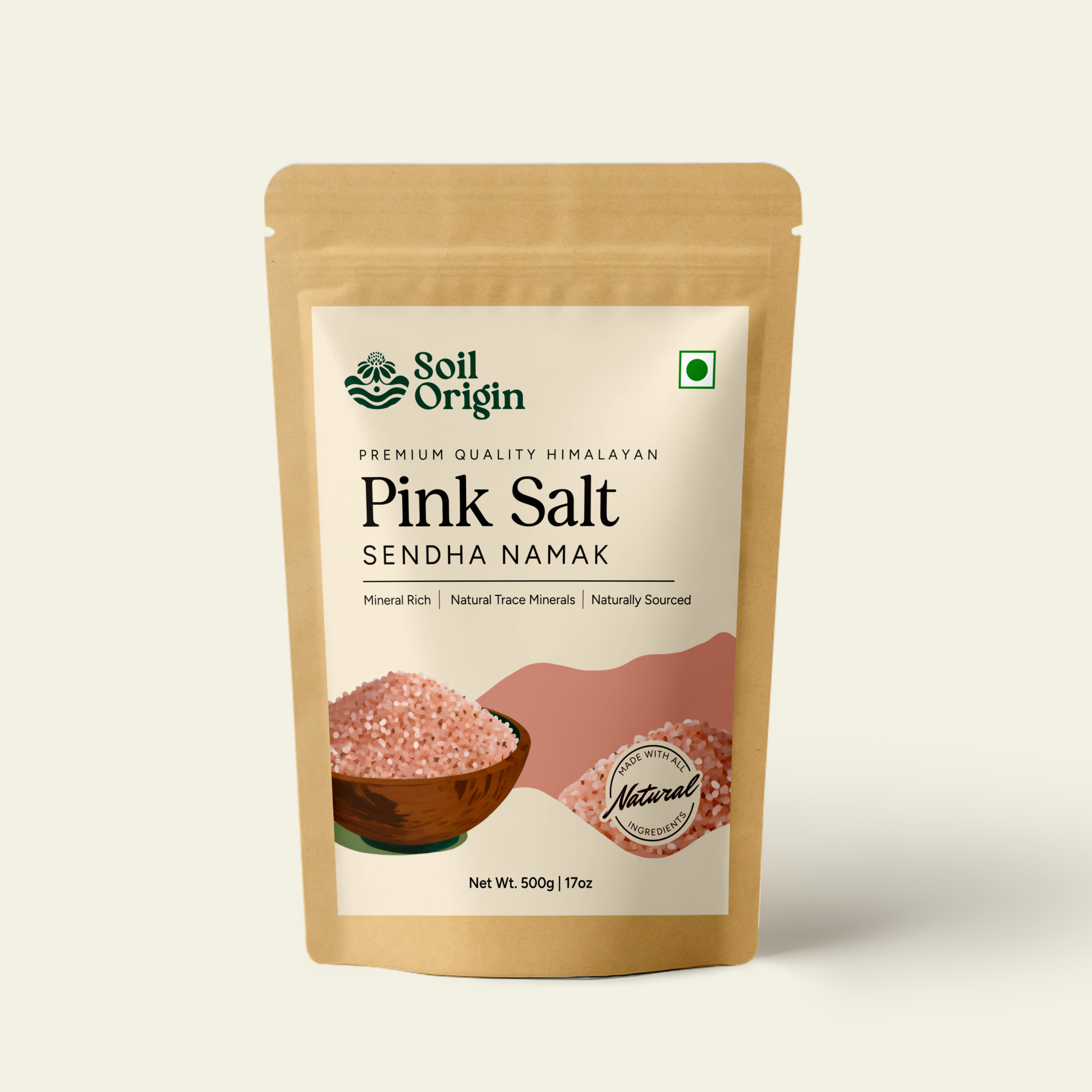 Pink salt front pouch with pink salt in a bowl printed on it