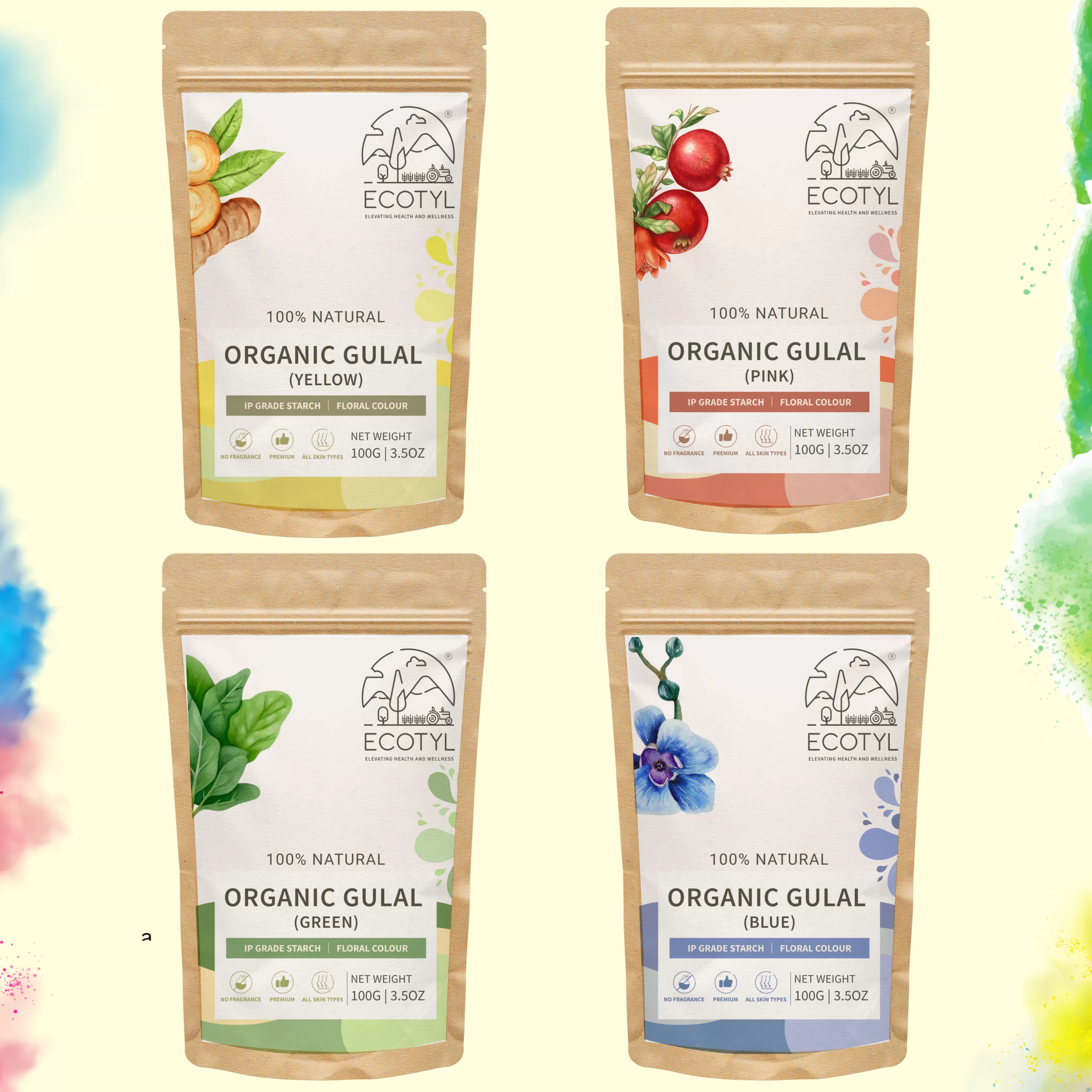 Ecotyl Herbal Gulal | Floral Color & Skin Friendly | Set of 4 Colors (100g Each)