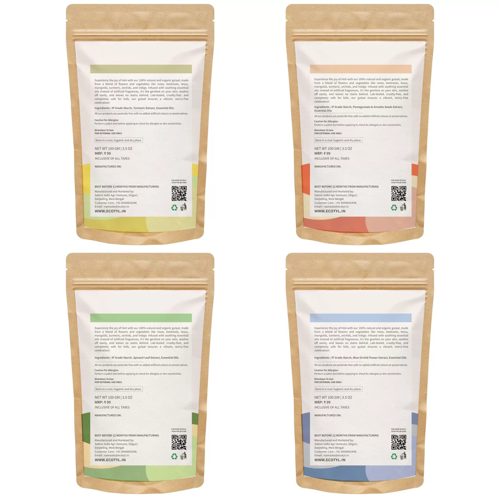 Ecotyl Herbal Gulal | Floral Color & Skin Friendly | Set of 4 Colors (100g Each) - Image 6