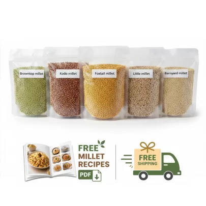 Unpolished Millets Combo (Foxtail Millet, Kodo Millet, Little Millet, Barnyard Millet, Browntop Millet) - 1 kg each - Free Millet Recipes Booklet